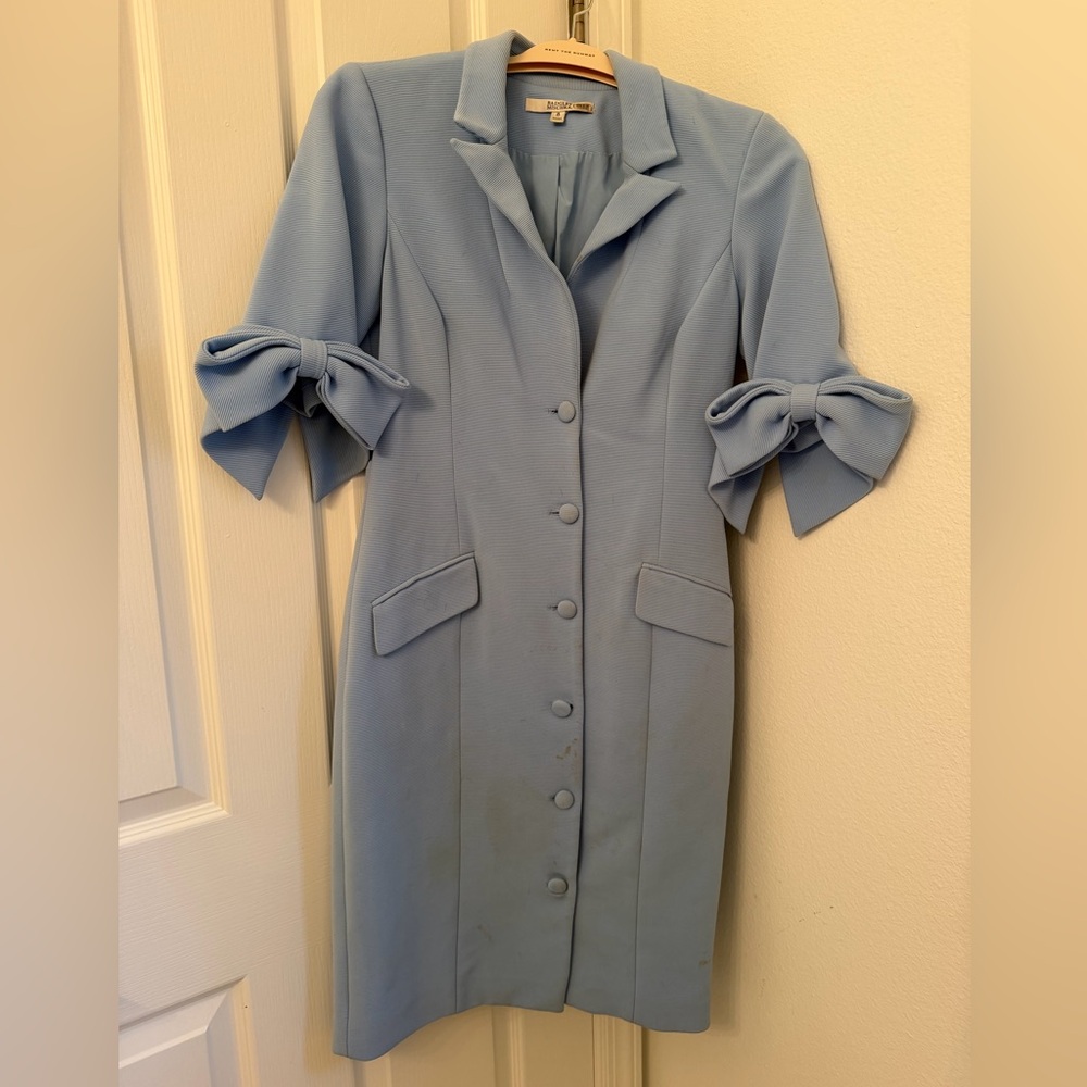 Badgley Mischka Light Blue Long Sleeve Dress with Bow Accents